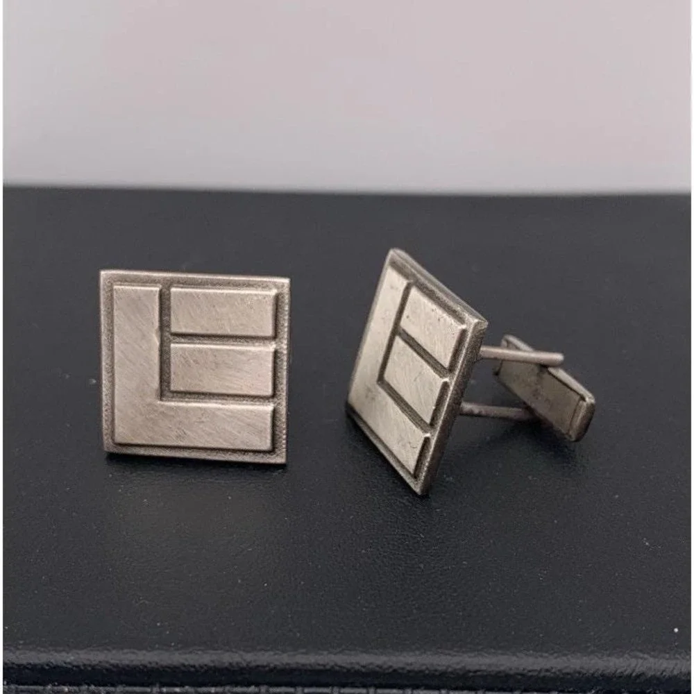 Vintage Brushed Silver Tone Square Geometric Classic Cuff Links
